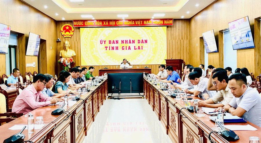 Lãnh đạo các sở, ngành của tỉnh Gia Lai dự Hội thảo tại điểm cầu truyền hình tỉnh. Ảnh: Phi Long diem-nghen-luat-dat-dai.jpg