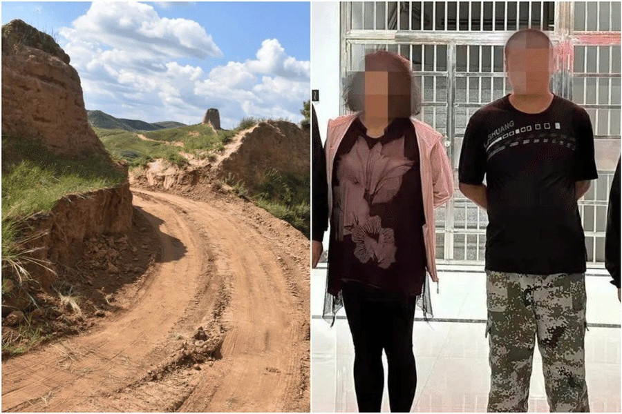 في عام ٢٠٢٣، أُلقي القبض على شخصين بتهمة حفر جزء من سور الصين العظيم لإنشاء طريق مختصر. (الصورة: Straitstimes.com) f24b0ef5eaec6466bb0266dd03d78a7b.jpg