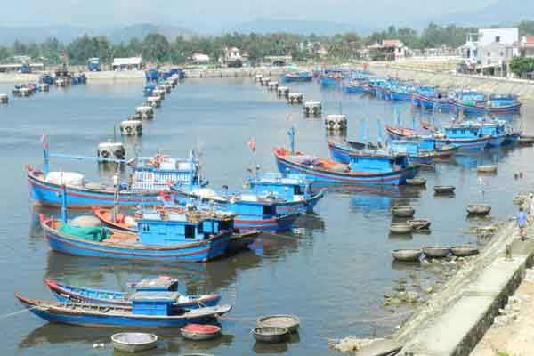 Tranh thủ nước thủy triều dâng cao, tàu thuyền phải ép sát vào luồng ra ngoài cửa biển đợi hàng giờ mới xuất bến. Ảnh: Trường An