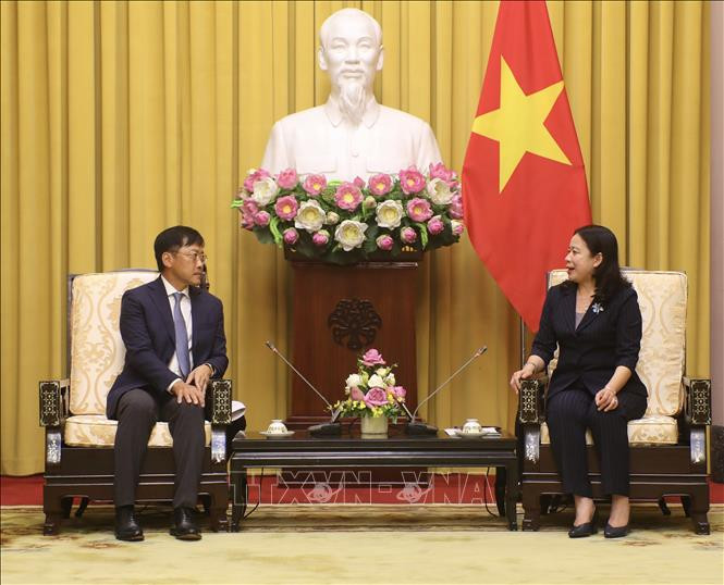 Phó Chủ tịch nước Võ Thị Ánh Xuân tiếp Chủ tịch Tập đoàn Bảo hiểm Nhân thọ AIA Lee Yuan Siong. Ảnh: Lâm Khánh/TTXVN