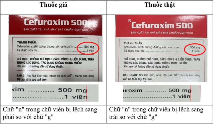 Trên nhãn hộp thuốc giả, chữ “n” trong chữ “viên” bị lệch sang phải so với chữ “g”.  Trên nhãn hộp thuốc giả, chữ “n” trong chữ “viên” bị lệch sang phải so với chữ “g”.