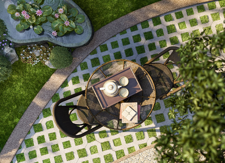 Bàn trà ngoài sân dành cho những buổi chiều thư giãn cùng những câu chuyện hay ngồi thả hồn vào thiên nhiên của các thành viên trong gia đình.