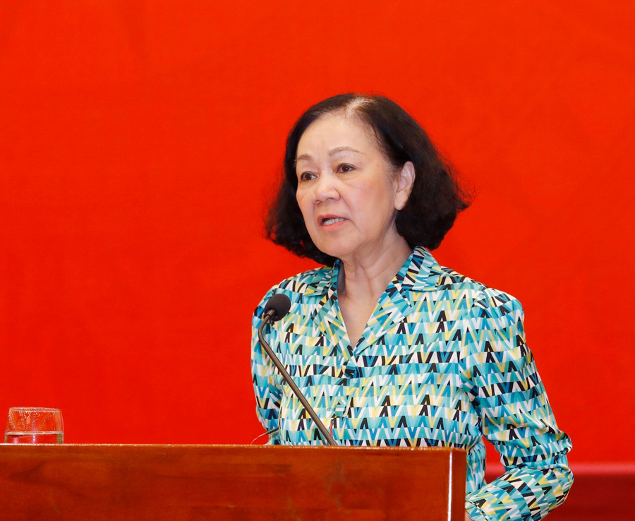 Trưởng ban Tổ chức T.Ư Trương Thị Mai phát biểu tại buổi gặp mặt. Ảnh: TTXVN