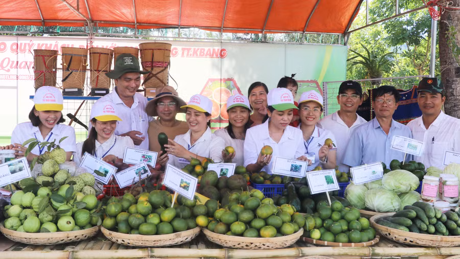 Cán bộ, lãnh đạo huyện Kbang tham quan gian hàng của thị trấn Kbang. Ảnh: Ngọc Minh