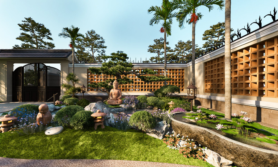 Góc vườn mang lại cảm giác tĩnh lặng và an nhiên với hồ cá Koi róc rách chảy, cây xanh và rất nhiều loại hoa xung quanh.