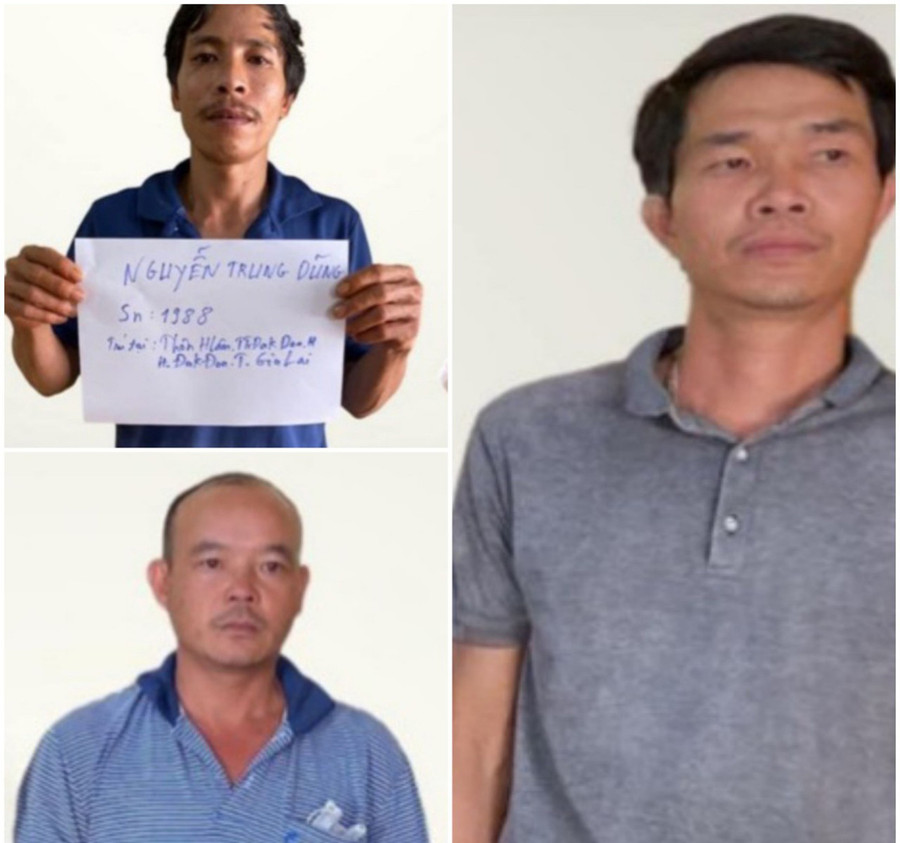 Các đối tượng Dũng (bìa trài phía trên), Vũ (phía dưới) và Trung tại cơ quan điều tra Công an huyện Đak Đoa. Ảnh Cơ quan Công an cung cấp Các đối tượng Dũng (bìa trài phía trên), Vũ (phía dưới) và Trung tại cơ quan điều tra Công an huyện Đak Đoa. Ảnh: Lê Anh