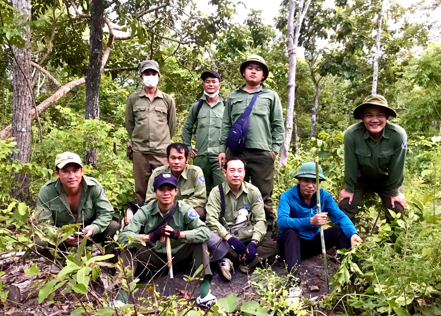 Lực lượng bảo vệ rừng của Công ty TNHH một thành viên Lâm nghiệp Kon Chiêng (xã Kon Chiêng, huyện Mang Yang) nghỉ giải lao trên đường tuần tra bảo vệ rừng. Ảnh: Minh Nguyễn