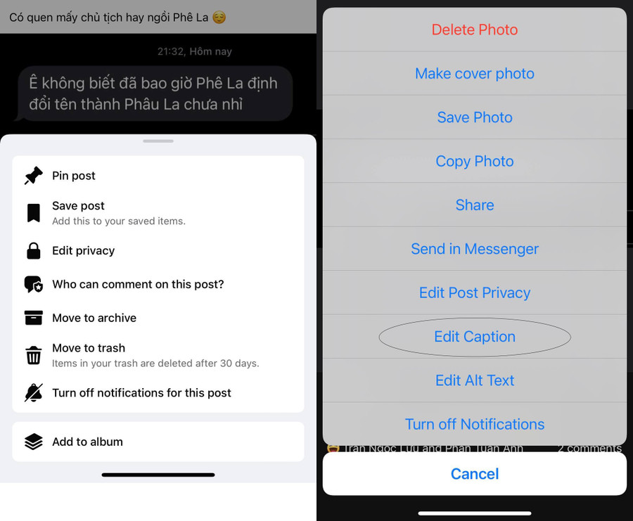 Lựa chọn Edit chỉ còn đối với ảnh trên ứng dụng Facebook cho iOS. Ảnh: Chụp màn hình