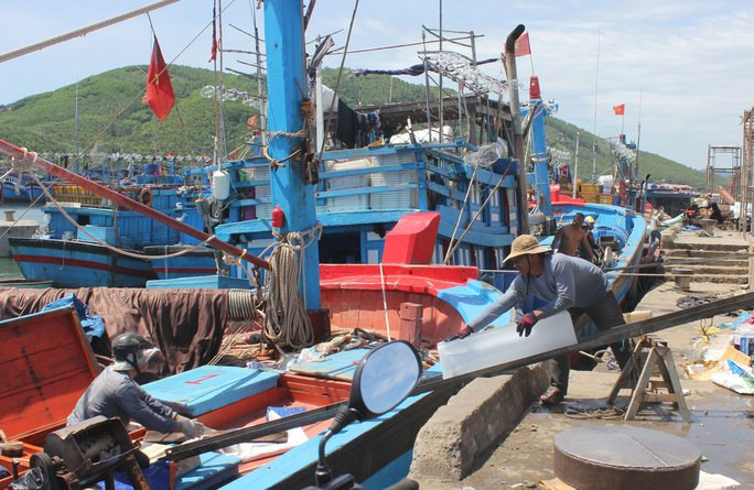 Ngư dân tranh thủ chuyển đá cây, gạo, mắm... lên tàu để đi chuyến biển kế tiếp