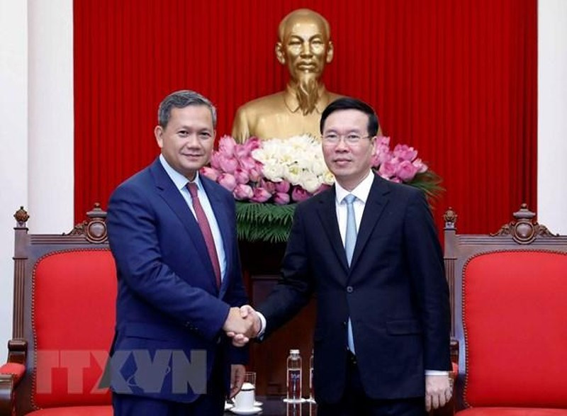 Thường trực Ban Bí thư Võ Văn Thưởng tiếp ông Hun Manet, Phó Tổng Tư lệnh kiêm Tư lệnh Lục quân Quân đội Hoàng gia Campuchia. (Ảnh: An Đăng/TTXVN)