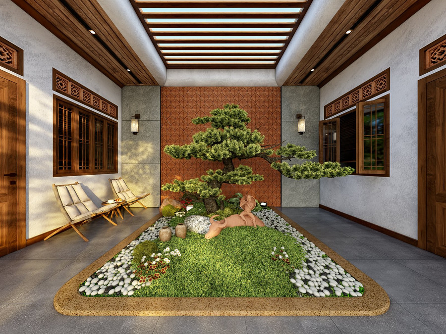  Tiểu cảnh ở sân trong mang lại cảm giác nhẹ nhàng, thư thái.
