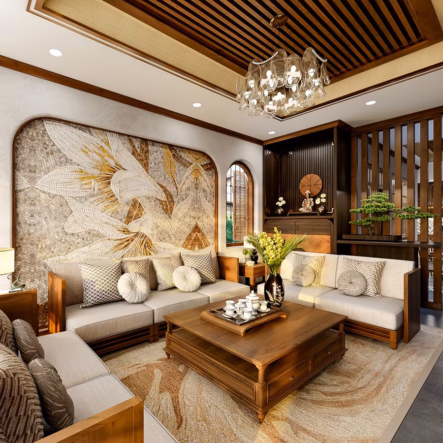 Bàn thờ Phật trang nghiêm, tinh tế được đặt ngay trong phòng khách.