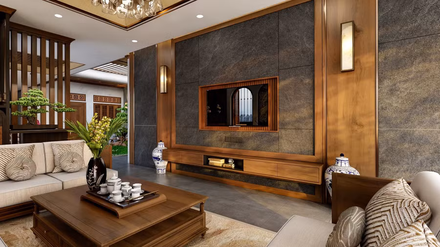 Bàn thờ Phật trang nghiêm, tinh tế được đặt ngay trong phòng khách.