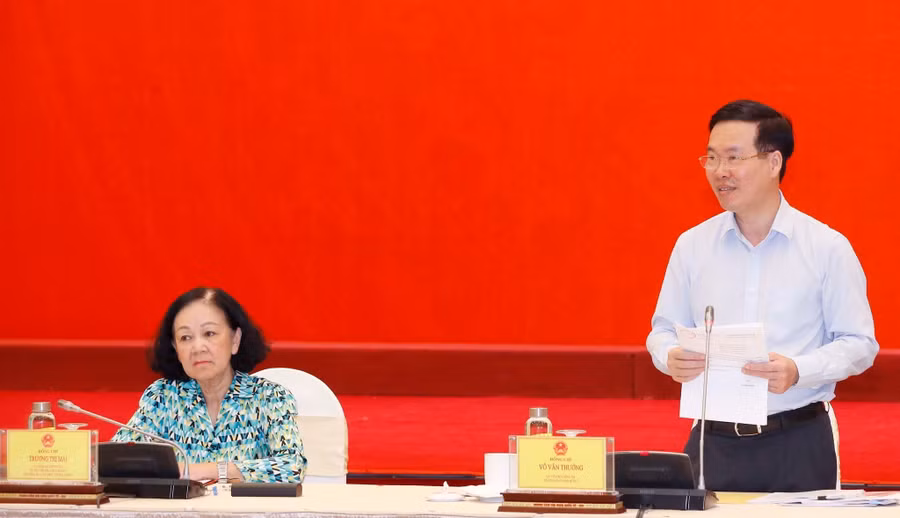 Thường trực Ban Bí thư Võ Văn Thưởng phát biểu tại hội nghị gặp mặt. Ảnh: TTXVN