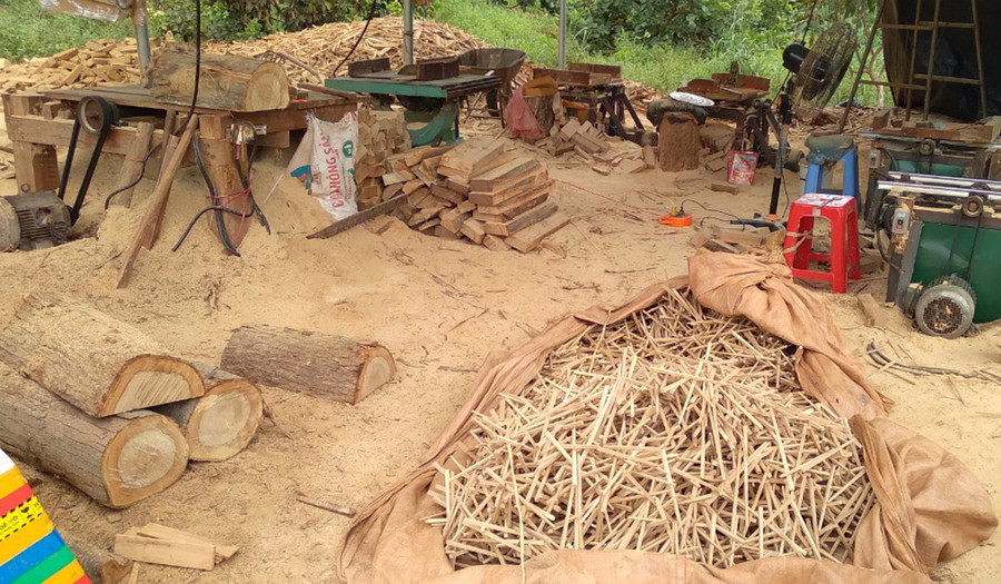 Phát hiện một xưởng gỗ hoạt động trái phép tại xã biên giới Ia Nan ảnh 1 Những lóng gỗ nằm ngổn ngang phía sau vườn của một ngôi nhà tại xã Ia Nan. Ảnh: Lê Anh