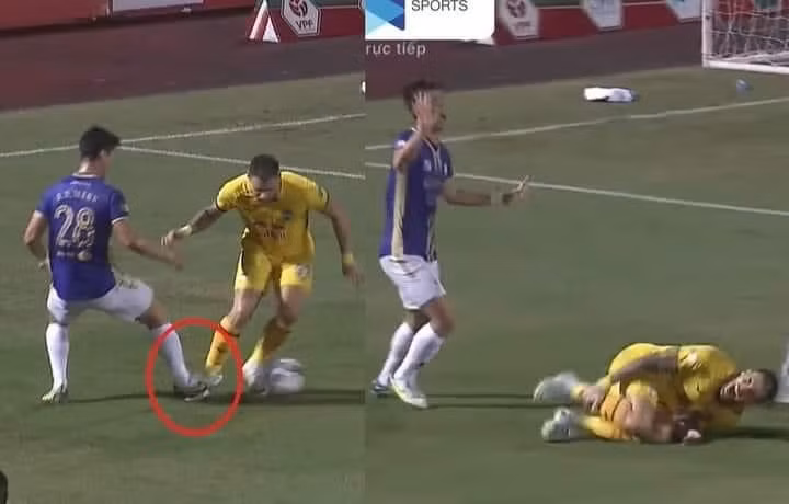 Duy Mạnh và hành động khiến Bruno bị đau. Ảnh: Báo Thanh Niên