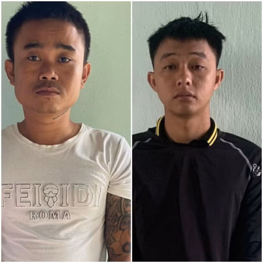 hai đối tượng Triệu (bên trái) và Vinh ra đầu thú tại Công an huyện Chư Prông (ảnh Công an huyện Chư Prông).