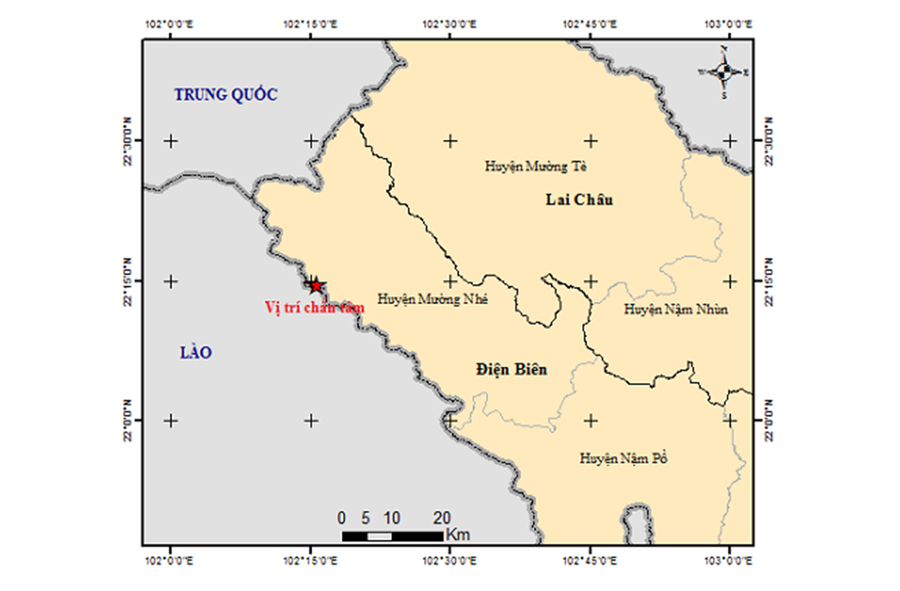 Tâm chấn (dấu sao) trận động đất xảy ra sớm nay (10-8) tại Điện Biên. Ảnh nguồn TPO