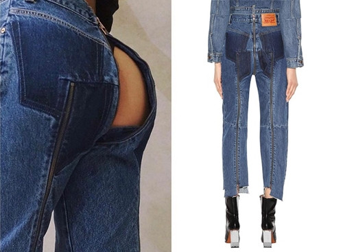 Hồi đầu năm, “ông tổ của jeans” là thương hiệu Levi’s đã bắt tay cùng Vetements - thương hiệu chuyên trị những sản phẩm độc, dị bậc nhất để cho ra đời chiếc quần jeans với phần khóa kéo nằm ở...sau mông! Nếu chiếc khóa này được kéo lên hết thì không sao, nhưng chỉ cần người dùng vui tay một chút, nguyên cả vòng 3 có thể lộ ra lúc nào không hay.