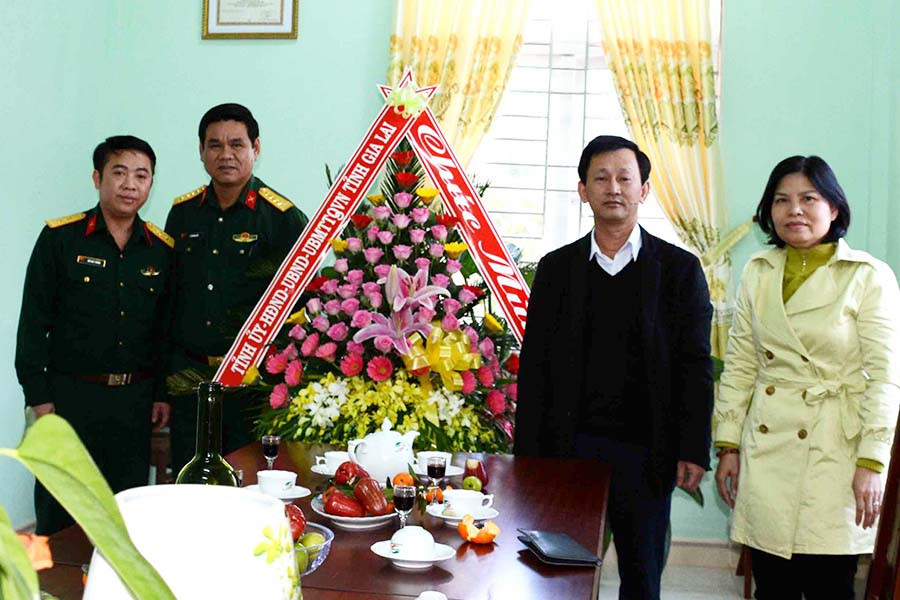  Đồng chí Bí thư Tỉnh ủy Gia Lai (người thứ hai từ bên phải) thăm, tặng hoa cho anh em Cơ quan Báo chí quân đội tại Gia Lai. Ảnh: Hồi Thông