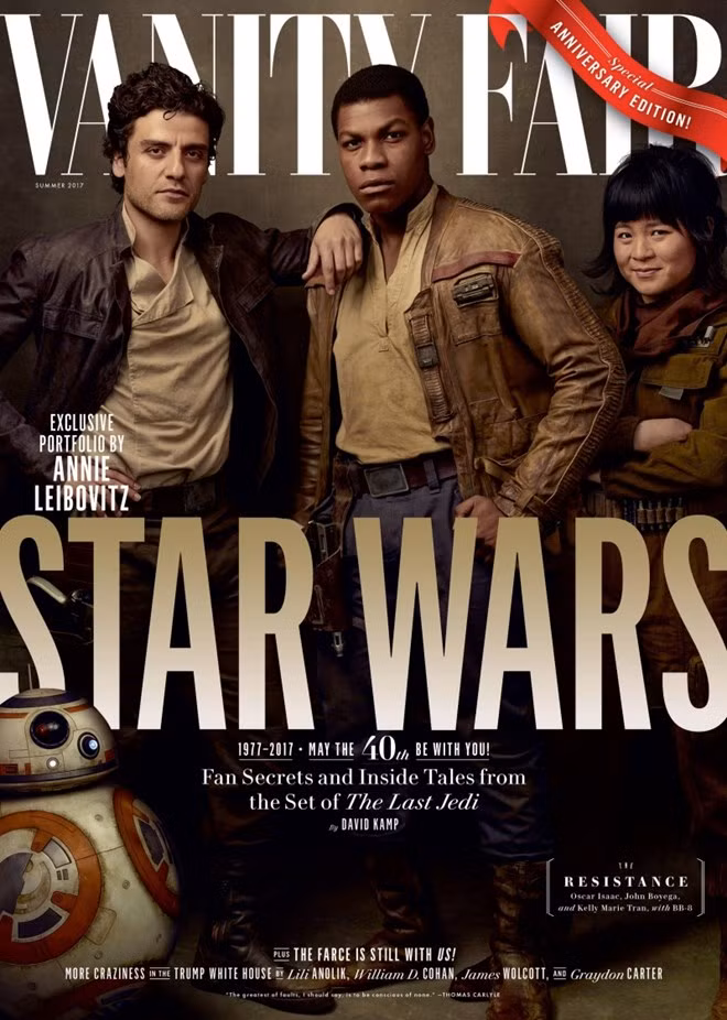 Nữ diễn viên Kelly Marie Trần xuất hiện trên bìa Tạp chí Vanity Fair cùng Oscar Isaac (trái) và John Boyega (phải)