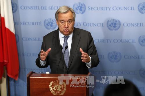 Tổng thư ký LHQ Antonio Guterres phát biểu tại cuộc họp báo ở New York, Mỹ.