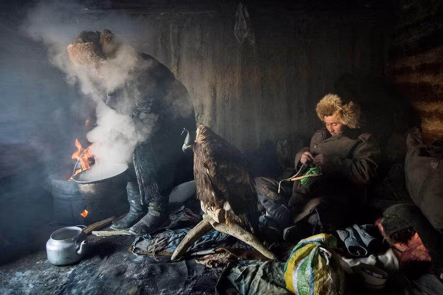 Một người dân nấu ăn, bên cạnh là chim đại bàng vàng.