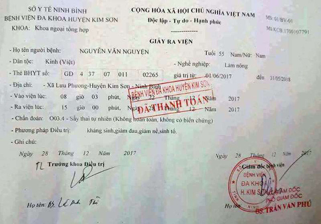 Giấy ra viện BVĐK huyện Kim Sơn xuất cho bệnh nhân nam, chuẩn đoán bị 