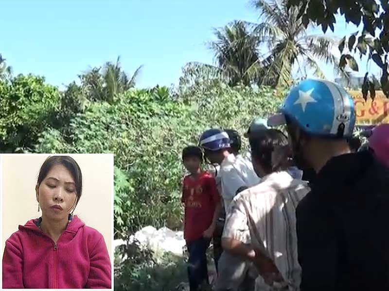 Hiện trường nơi nghi can vứt các phần thi thể nạn nhân để phi tang. Ảnh: VH. Nghi can Diễm tại trụ sở công an (ảnh nhỏ).  Hiện trường nơi nghi can vứt các phần thi thể nạn nhân để phi tang. Ảnh: VH. Nghi can Diễm tại trụ sở công an (ảnh nhỏ).