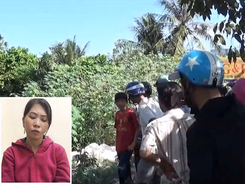  Hiện trường nơi nghi can vứt các phần thi thể nạn nhân để phi tang. Ảnh: VH. Nghi can Diễm tại trụ sở công an (ảnh nhỏ).