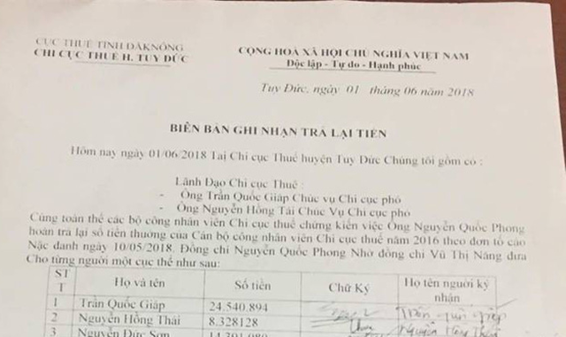 Biên bản ghi nhận việc ông Phong trả lại tiền cho nhân viên đơn vị cũ 