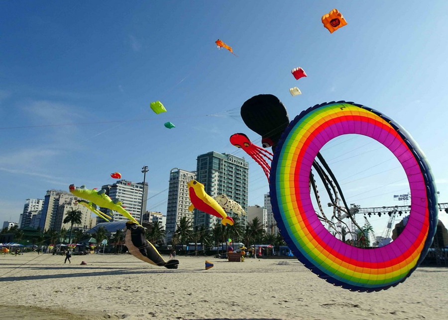 Các con diều đủ hình dáng, màu sắc, kích thước được thả trong lễ hội diều. 