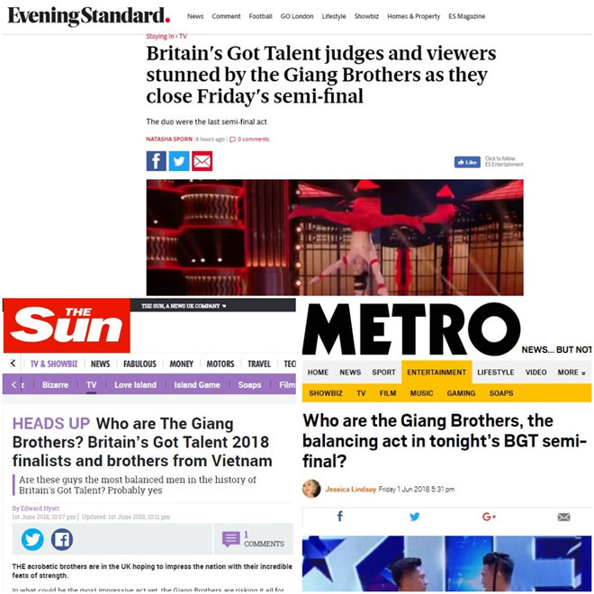 Các báo Anh đưa tin về Quốc Cơ - Quốc Nghiệp trước và sau đêm bán kết. Ảnh: Chụp màn hình.