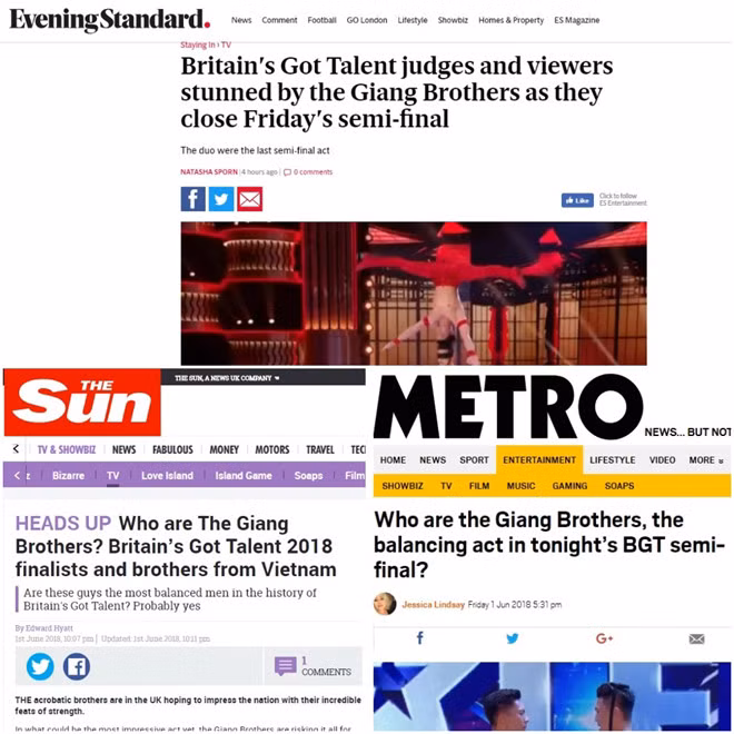 Các báo Anh đưa tin về Quốc Cơ - Quốc Nghiệp trước và sau đêm bán kết. Ảnh: Chụp màn hình.