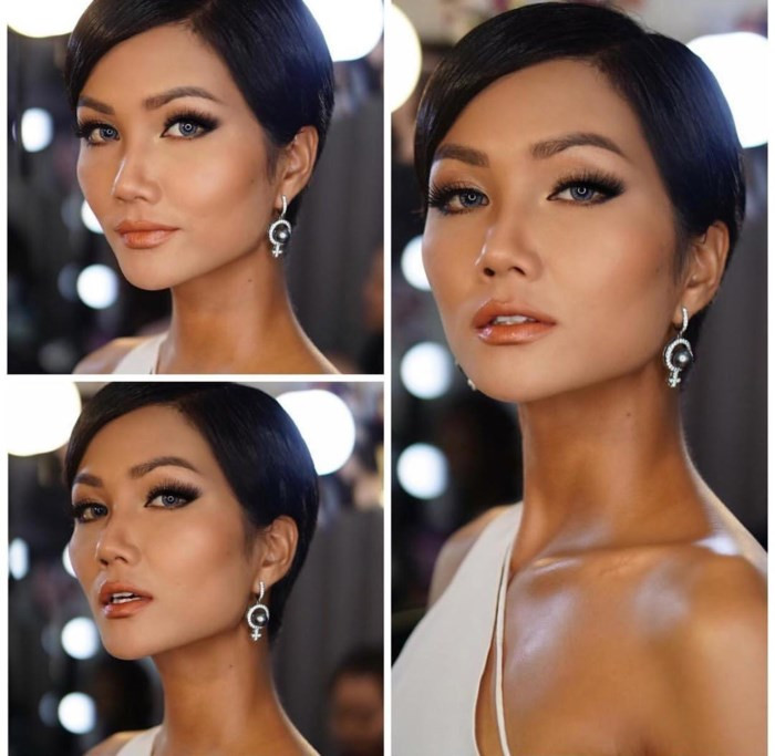  Kiểu tóc rẽ ngôi lệch, chải sát vào gương mặt giúp H'hen Niê trở nên lộng lẫy mỗi khi xuất hiệm.