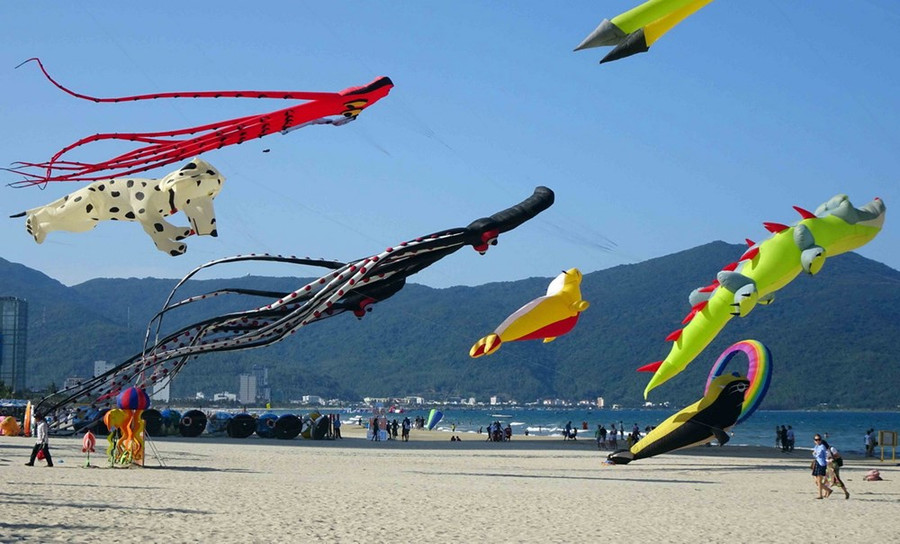  Các con diều đủ hình dáng, màu sắc, kích thước được thả trong lễ hội diều. (Ảnh: Trần Lê Lâm/TTXVN)