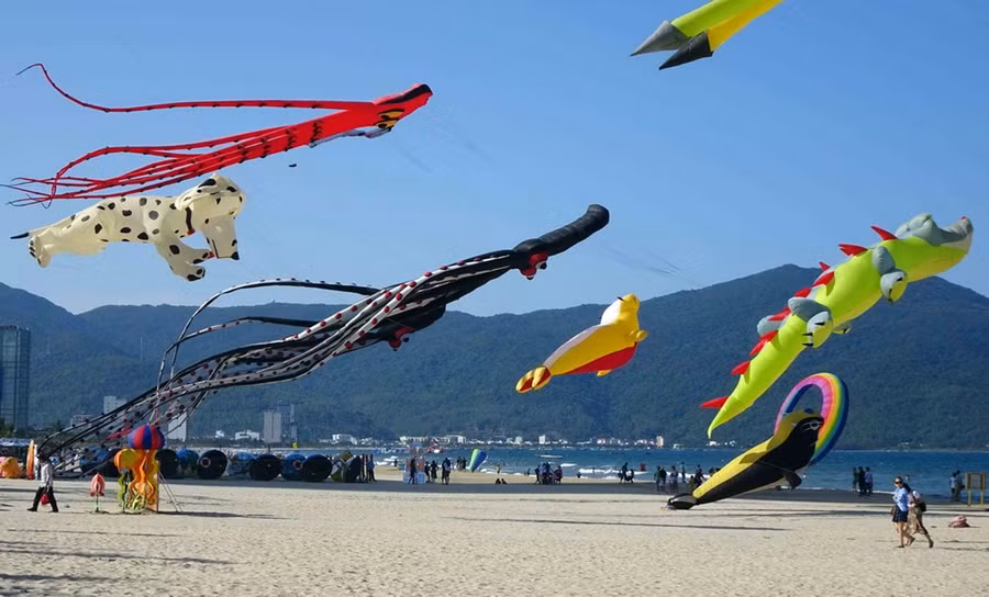  Các con diều đủ hình dáng, màu sắc, kích thước được thả trong lễ hội diều. (Ảnh: Trần Lê Lâm/TTXVN)