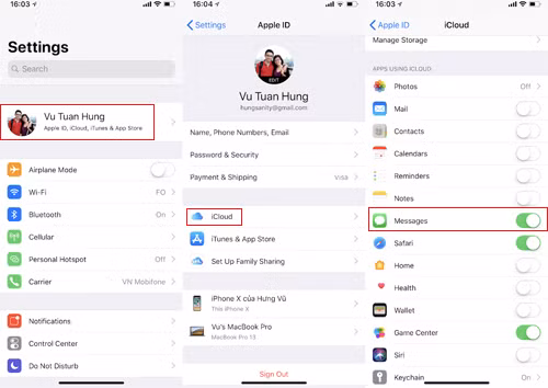 Các bước mở tính năng Messages in iCloud.