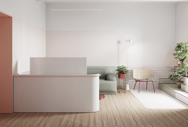 Một bức tường thấp ngăn phòng khách với những khu vực chức năng khác trong nhà. Một bức tường thấp ngăn phòng khách với những khu vực chức năng khác trong nhà.