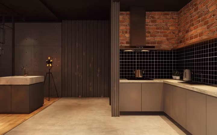  Tường bếp pha trộn 3 màu sắc xám, đen và gạch.