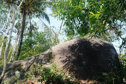 Tảng đá bazan được khắc 10 dòng chữ Chăm ở Sa Huỳnh. Ảnh: Phạm Linh.