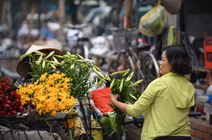 Người dân mua hoa tại chợ Đồng Xuân. “Tháng tư đến tôi thường chỉ mua hoa loa kèn thôi. Loại hoa này có ưu điểm là chơi được lâu, hương thơm nhẹ và dùng được với nhiều mục đích mà lại không đắt. Tôi mua hai bó về nhà để bày phòng khách và thắp hương”, chị Lê Thanh Thảo (Hoàn Kiếm), một người mua hoa nói.