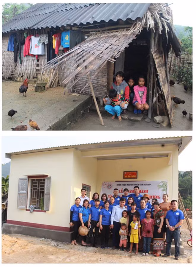 Ngôi nhà của mẹ con chị Lương Thị Vân trước (trên) và sau khi xây mới từ sự chung tay của cộng đồng