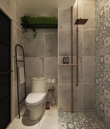 Một kệ cây xanh mang lại sức sống cho phòng tắm công nghiệp nhỏ gọn, Một kệ cây xanh mang lại sức sống cho phòng tắm công nghiệp nhỏ gọn,