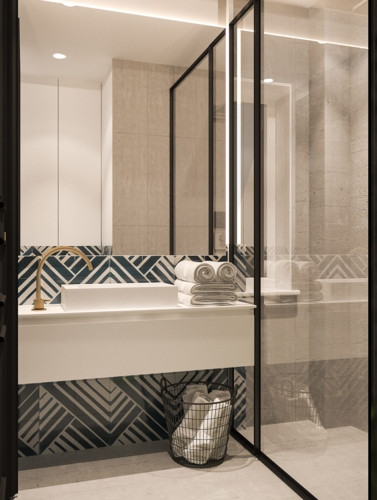 Một khu vực mà chủ nhân ngôi nhà cũng rất hài lòng về sự lựa chọn của mình chính là phòng tắm, đá ốp tường sọc đối lập với màu trắng bên trên tạo nên sự thu hút hấp dẫn. Một khu vực mà chủ nhân ngôi nhà cũng rất hài lòng về sự lựa chọn của mình chính là phòng tắm, đá ốp tường sọc đối lập với màu trắng bên trên tạo nên sự thu hút hấp dẫn.