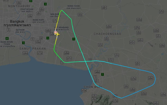 Đường bay của chuyến bay VZ940 ngày 15/4 khi phải quay đầu đáp xuống Bangkok. Ảnh: Flightradar24.com.