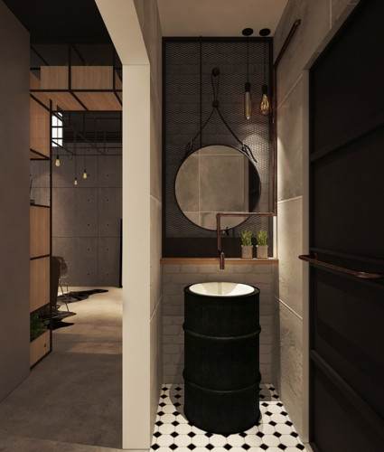 Đằng sau phòng khách có một phòng tắm nhỏ, bồn rửa tay làm từ thùng dầu rỗng cùng ống dẫn nước bằng đồng. Đằng sau phòng khách có một phòng tắm nhỏ, bồn rửa tay làm từ thùng dầu rỗng cùng ống dẫn nước bằng đồng.