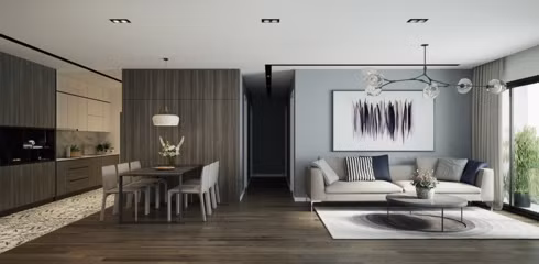  Không chỉ với những căn hô khiêm tốn về diện tích, ngay cả những căn hộ sang trọng nhiều chủ nhân cũng yêu thích lựa chọn cách bố trí bếp liền kề phòng khách để thuận tiện trong việc tiếp đãi khách khứa và bạn bè.