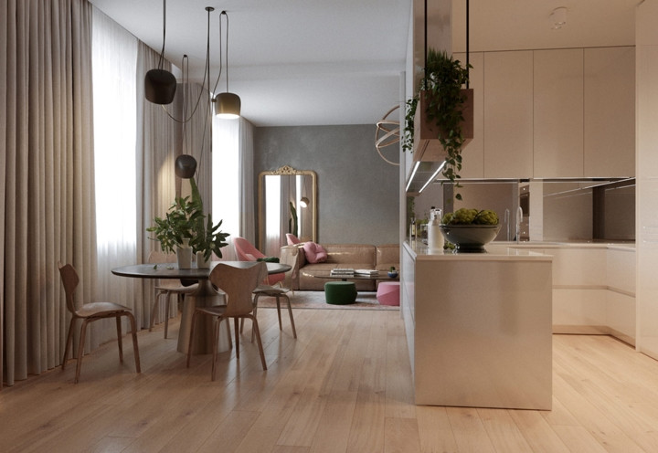 Nội thất trong nhà bếp làm bằng gỗ sáng ấm áp, tinh tế. Nội thất trong nhà bếp làm bằng gỗ sáng ấm áp, tinh tế.