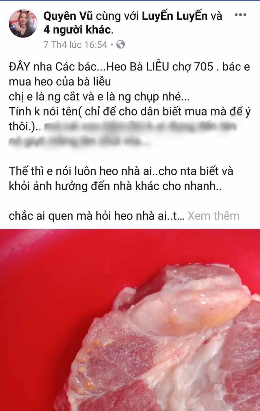 Thông tin mua phải thịt heo bị bệnh được đăng tải trên mạng xã hội facebook.  Thông tin mua phải thịt heo bị bệnh được đăng tải trên mạng xã hội facebook.